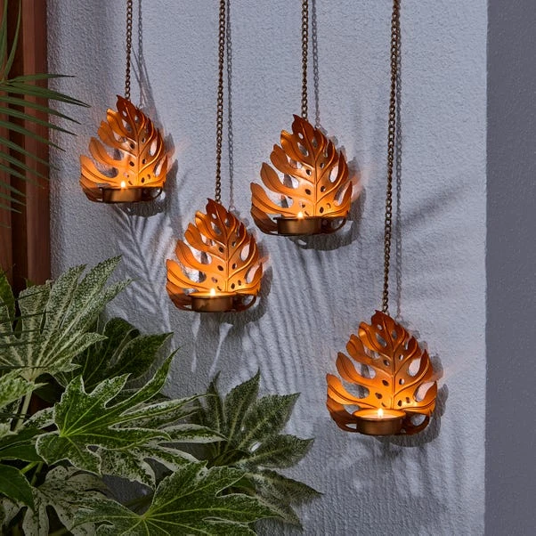 Set Of 4 Hanging Gold Leaf Outdoor LED Tealights 1 Set Of 4 Hanging Gold Leaf Outdoor LED Tealights
