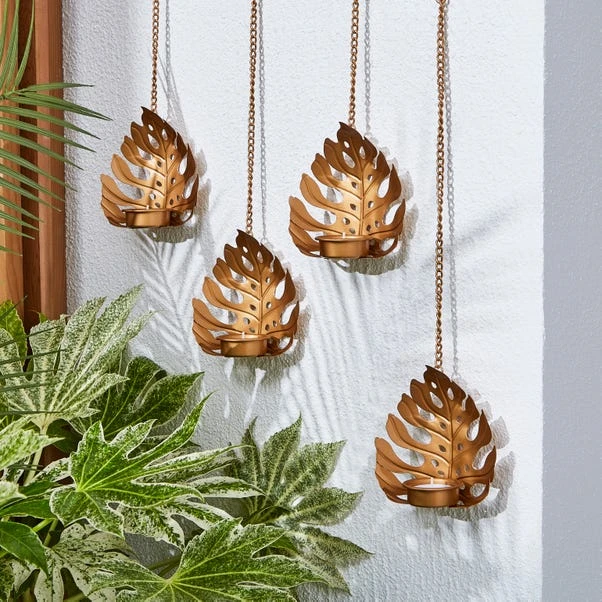 Set Of 4 Hanging Gold Leaf Outdoor LED Tealights 2 Set Of 4 Hanging Gold Leaf Outdoor LED Tealights - Image 2